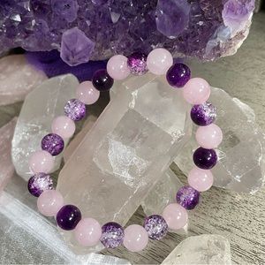 Rose Quartz Crystal Bracelet 7.5” stretch bead bracelet pink and purple. Healing